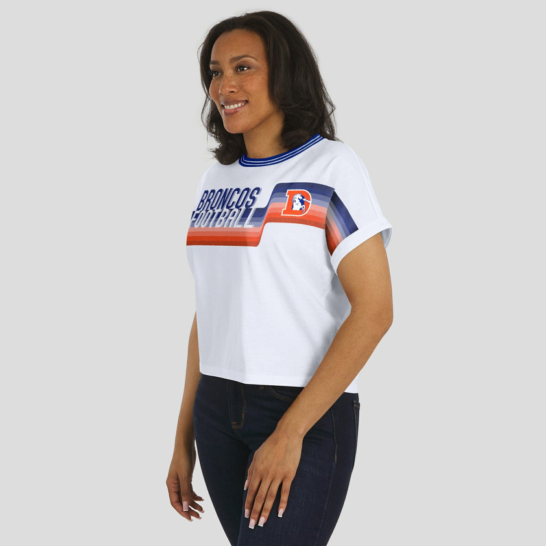 WEAR by Erin Andrews Women's Cropped Center Stripe Dolman T-Shirt - Denver Broncos