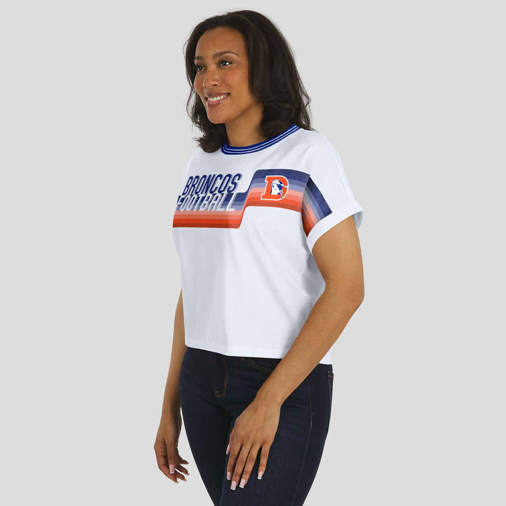 WEAR by Erin Andrews Women's Cropped Center Stripe Dolman T-Shirt - Denver Broncos