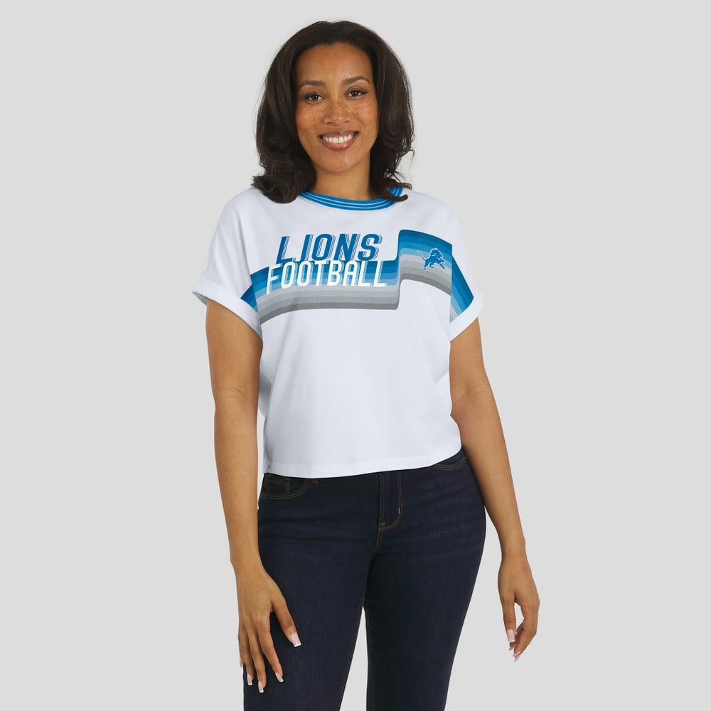 WEAR by Erin Andrews Women's Cropped Center Stripe Dolman T-Shirt - Detroit Lions