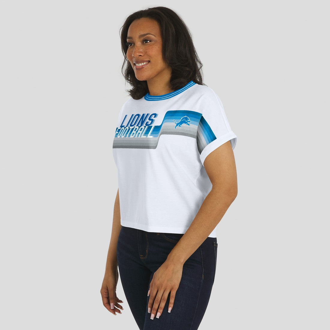 WEAR by Erin Andrews Women's Cropped Center Stripe Dolman T-Shirt - Detroit Lions