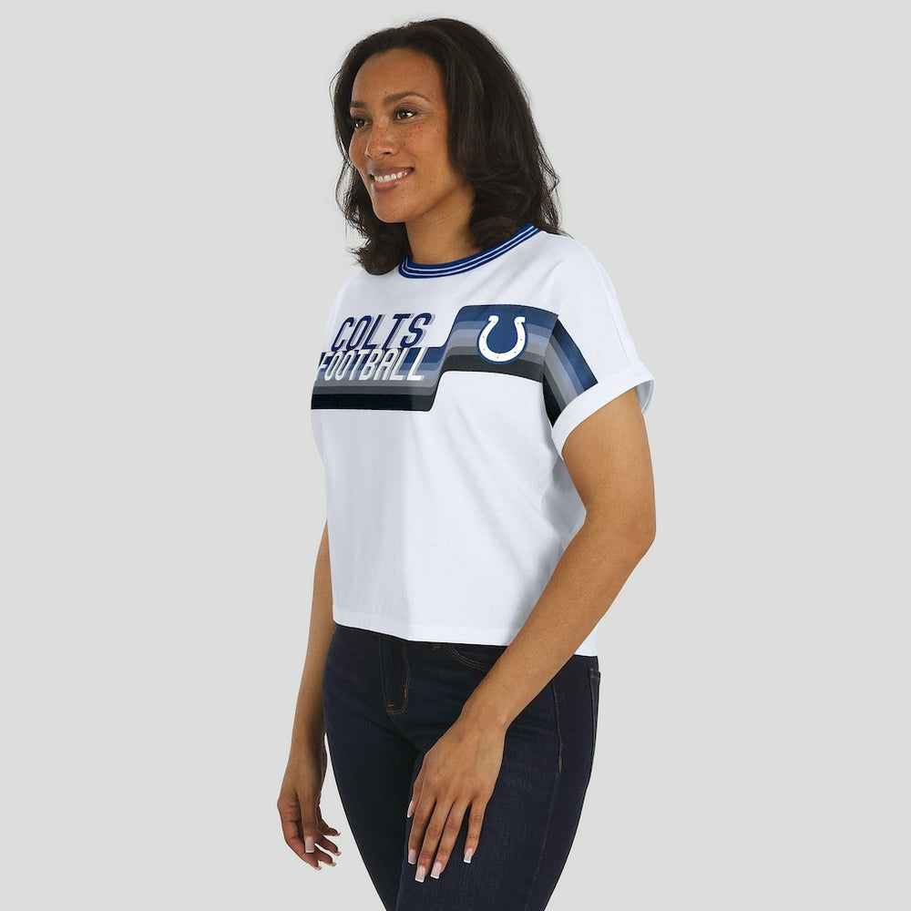 WEAR by Erin Andrews Women's Cropped Center Stripe Dolman T-Shirt - Indianapolis Colts