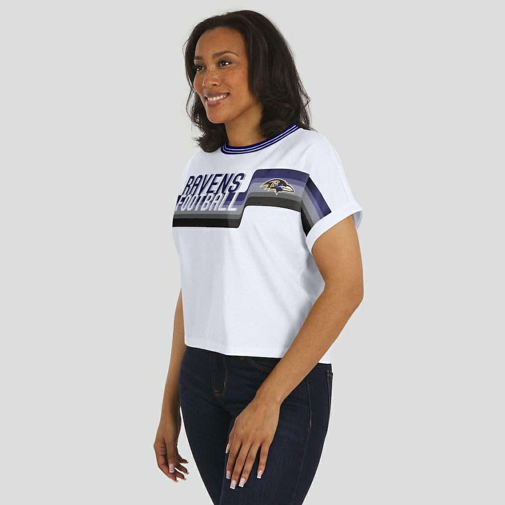 WEAR by Erin Andrews Women's Cropped Center Stripe Dolman T-Shirt - Baltimore Ravens