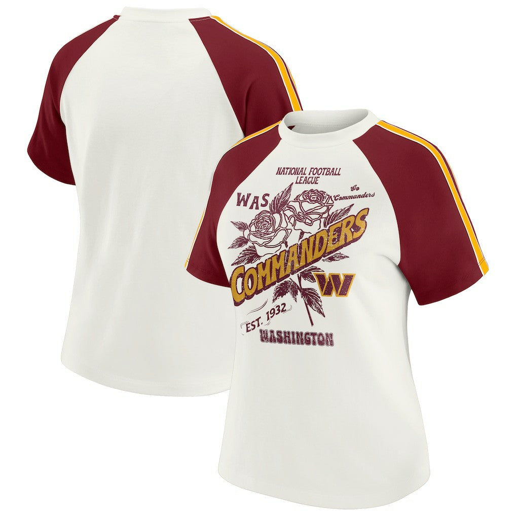 WEAR by Erin Andrews Women's Sleeve Stripe Distressed Raglan T-Shirt - Washington Commanders