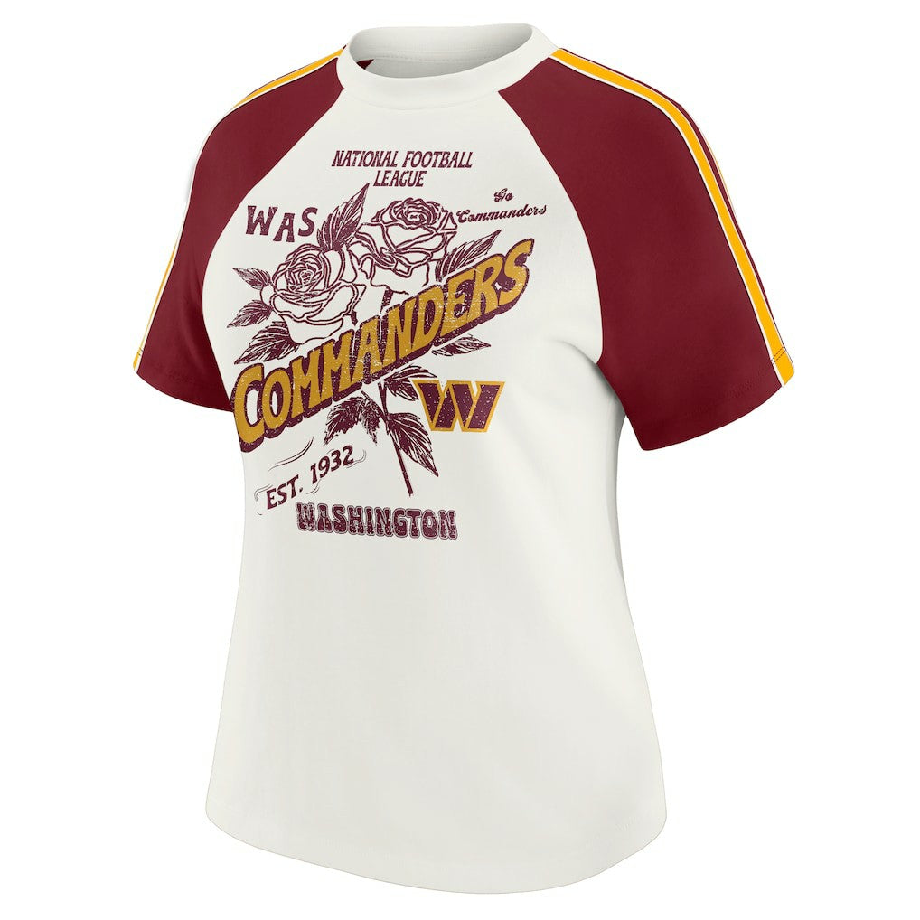 WEAR by Erin Andrews Women's Sleeve Stripe Distressed Raglan T-Shirt - Washington Commanders