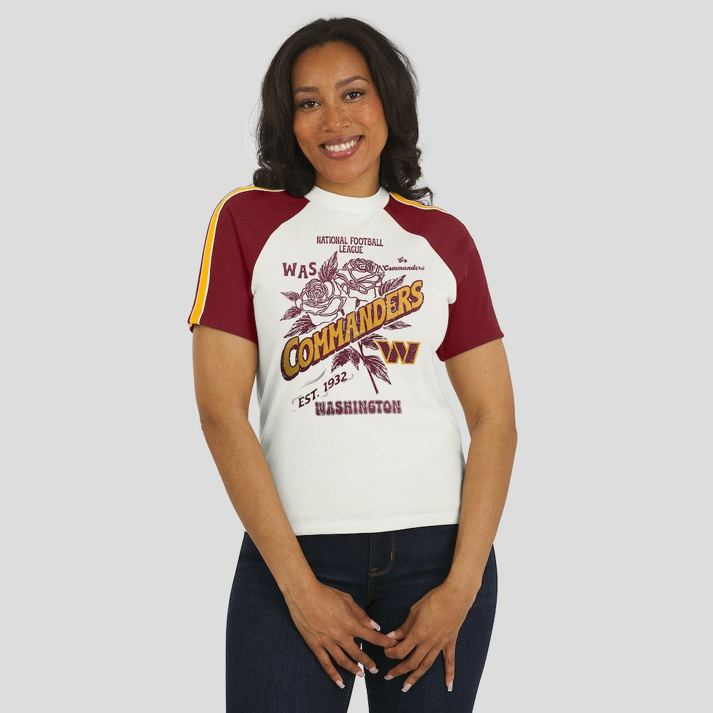 WEAR by Erin Andrews Women's Sleeve Stripe Distressed Raglan T-Shirt - Washington Commanders
