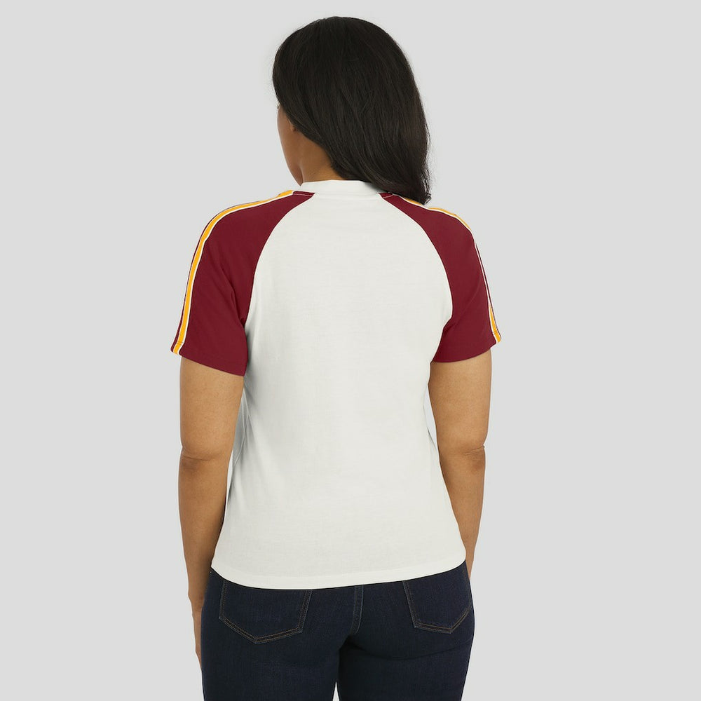 WEAR by Erin Andrews Women's Sleeve Stripe Distressed Raglan T-Shirt - Washington Commanders