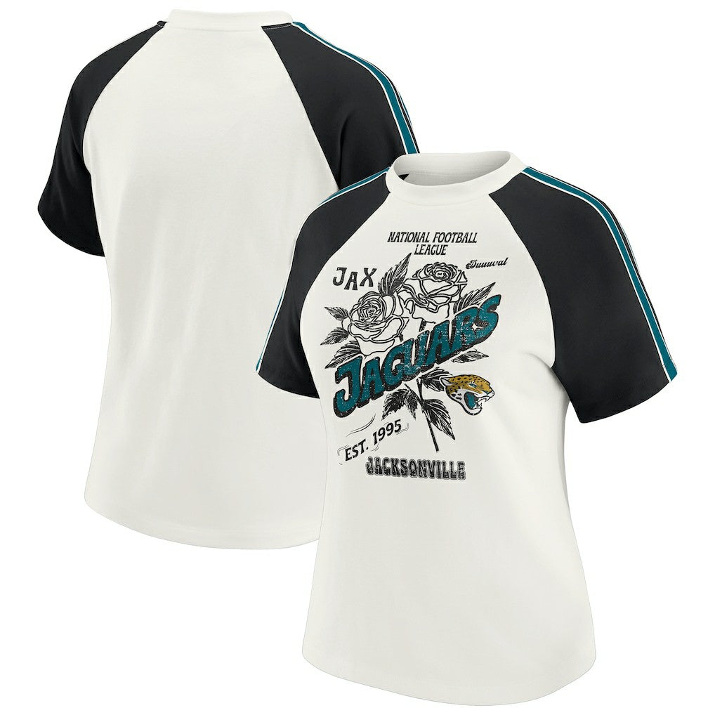 WEAR by Erin Andrews Women's Sleeve Stripe Distressed Raglan T-Shirt - Jacksonville Jaguars