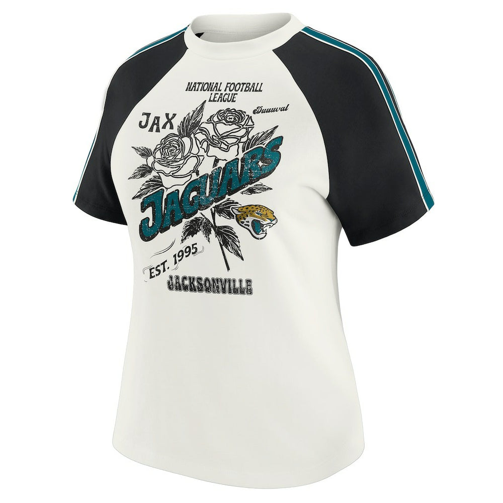 WEAR by Erin Andrews Women's Sleeve Stripe Distressed Raglan T-Shirt - Jacksonville Jaguars