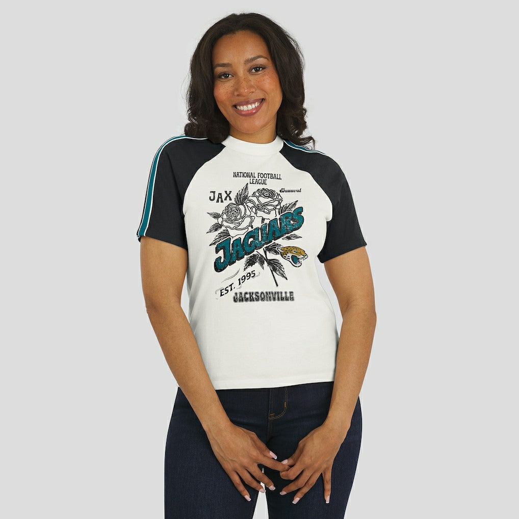 WEAR by Erin Andrews Women's Sleeve Stripe Distressed Raglan T-Shirt - Jacksonville Jaguars