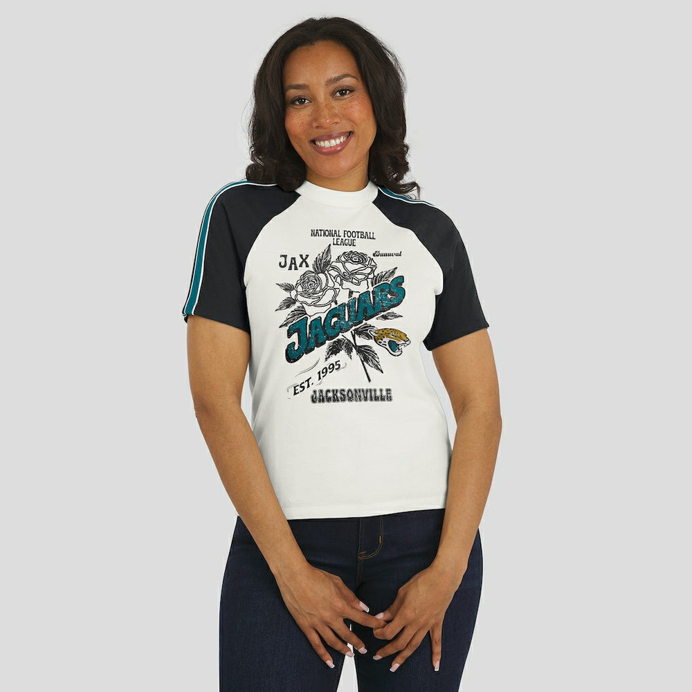 WEAR by Erin Andrews Women's Sleeve Stripe Distressed Raglan T-Shirt - Jacksonville Jaguars