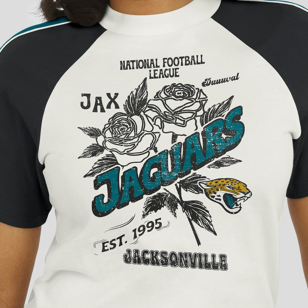 WEAR by Erin Andrews Women's Sleeve Stripe Distressed Raglan T-Shirt - Jacksonville Jaguars
