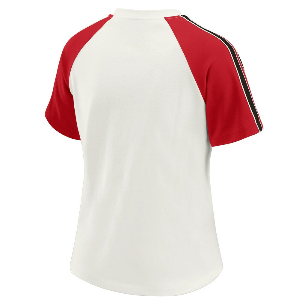 WEAR by Erin Andrews Women's Sleeve Stripe Distressed Raglan T-Shirt - Atlanta Falcons