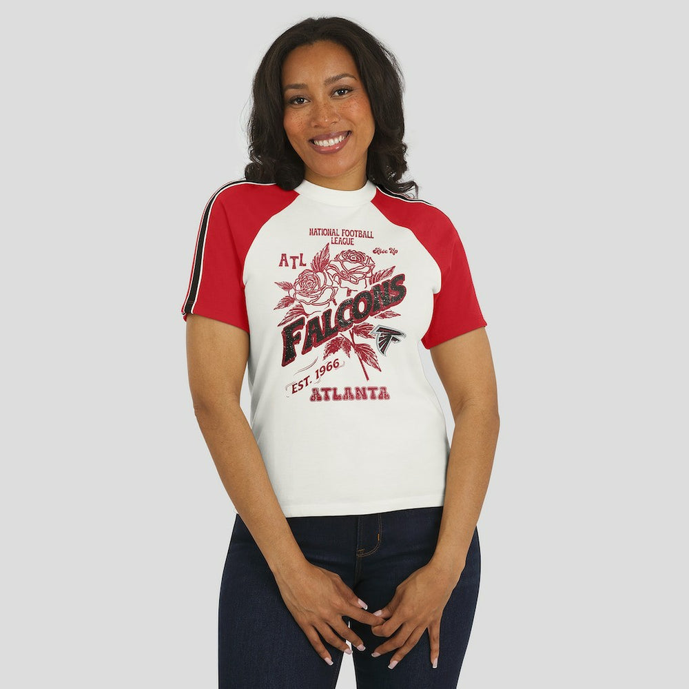 WEAR by Erin Andrews Women's Sleeve Stripe Distressed Raglan T-Shirt - Atlanta Falcons