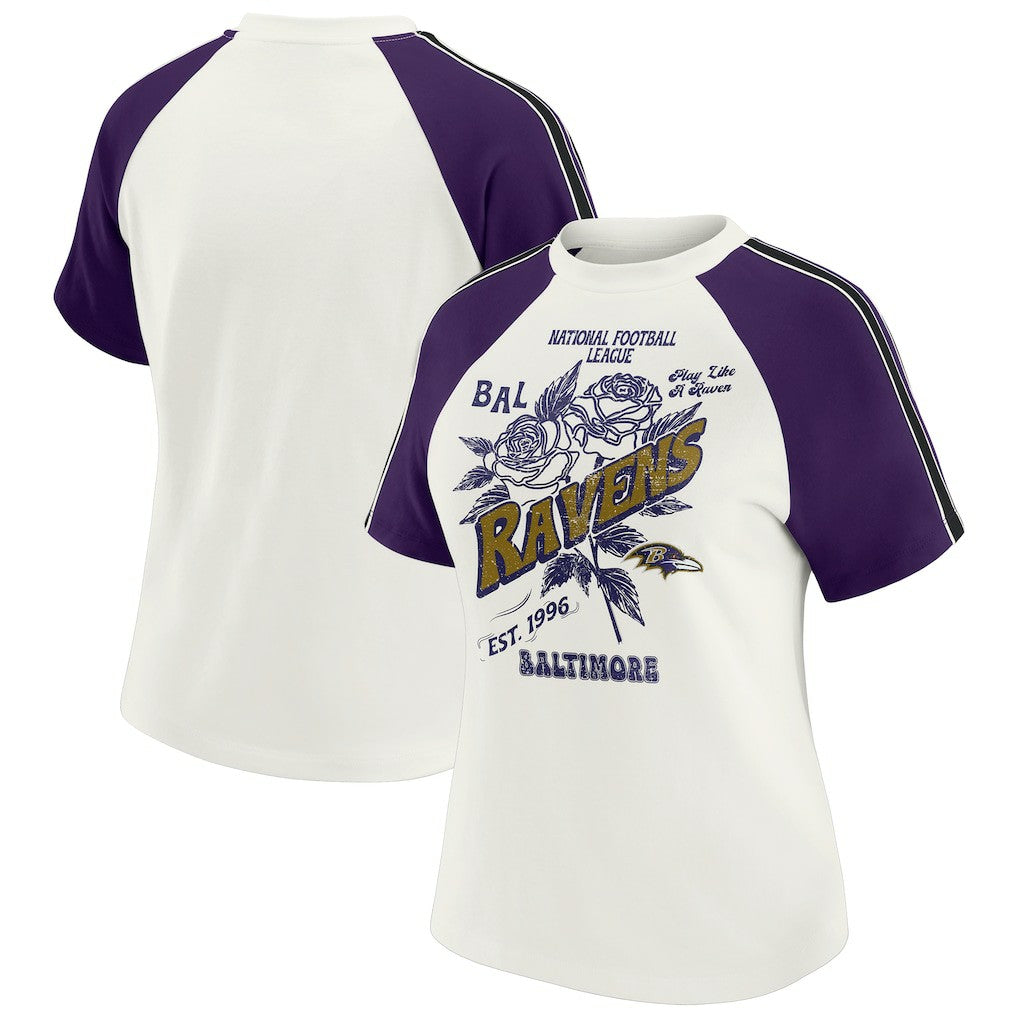 WEAR by Erin Andrews Women's Sleeve Stripe Distressed Raglan T-Shirt - Baltimore Ravens
