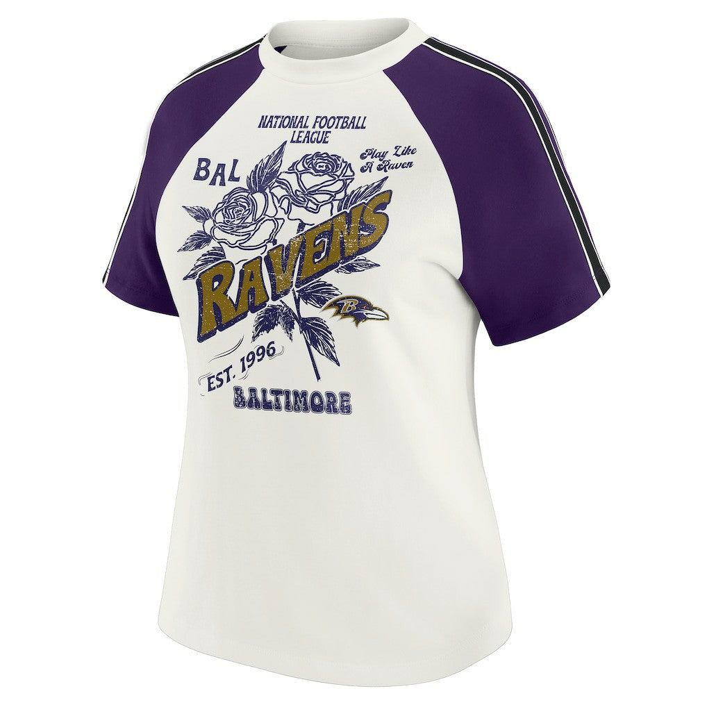 WEAR by Erin Andrews Women's Sleeve Stripe Distressed Raglan T-Shirt - Baltimore Ravens