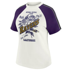 WEAR by Erin Andrews Women's Sleeve Stripe Distressed Raglan T-Shirt - Baltimore Ravens