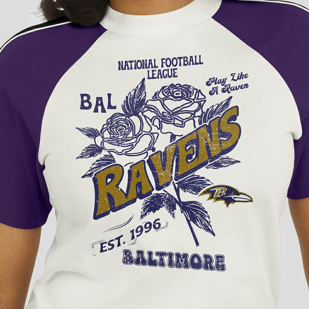 WEAR by Erin Andrews Women's Sleeve Stripe Distressed Raglan T-Shirt - Baltimore Ravens