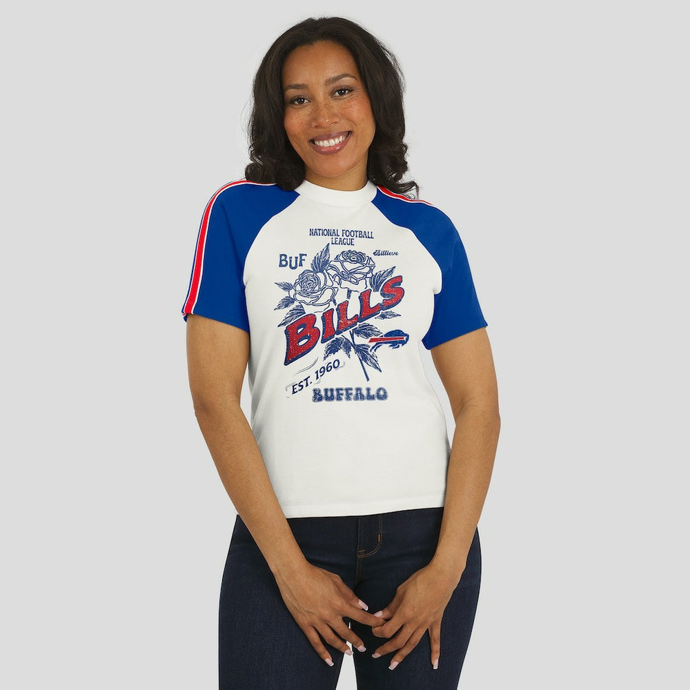 WEAR by Erin Andrews Women's Sleeve Stripe Distressed Raglan T-Shirt - Buffalo Bills