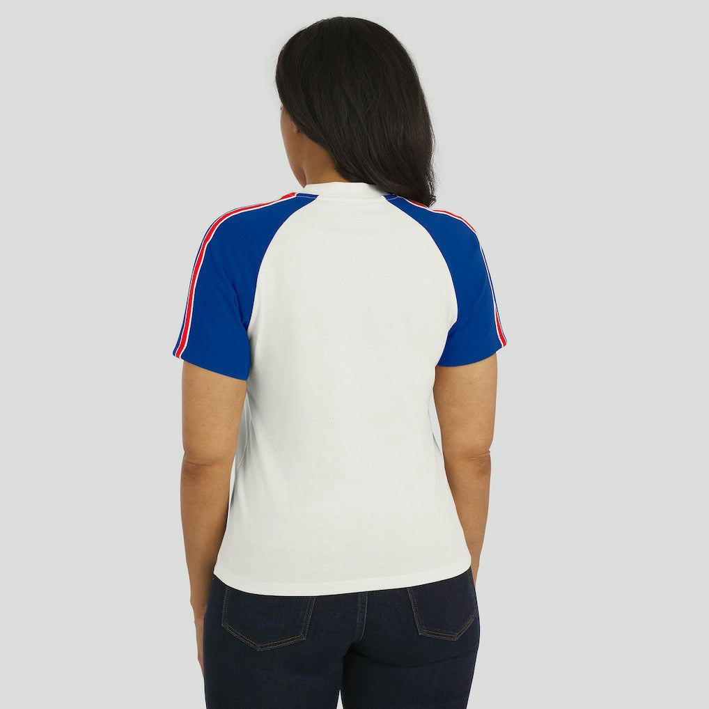 WEAR by Erin Andrews Women's Sleeve Stripe Distressed Raglan T-Shirt - Buffalo Bills