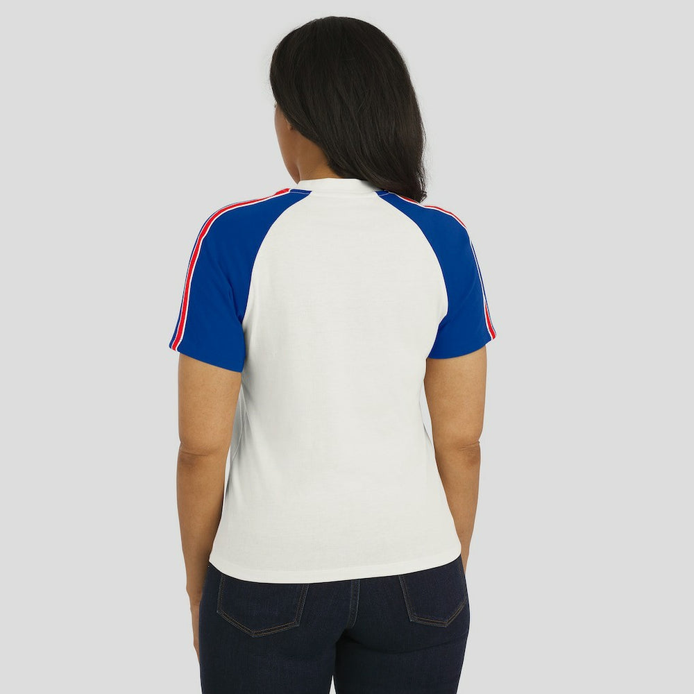 WEAR by Erin Andrews Women's Sleeve Stripe Distressed Raglan T-Shirt - Buffalo Bills