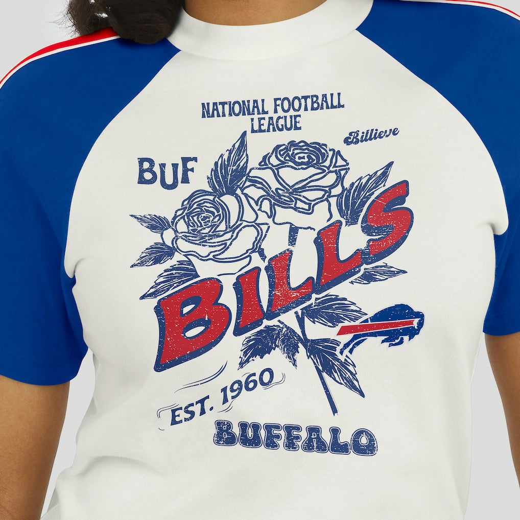 WEAR by Erin Andrews Women's Sleeve Stripe Distressed Raglan T-Shirt - Buffalo Bills