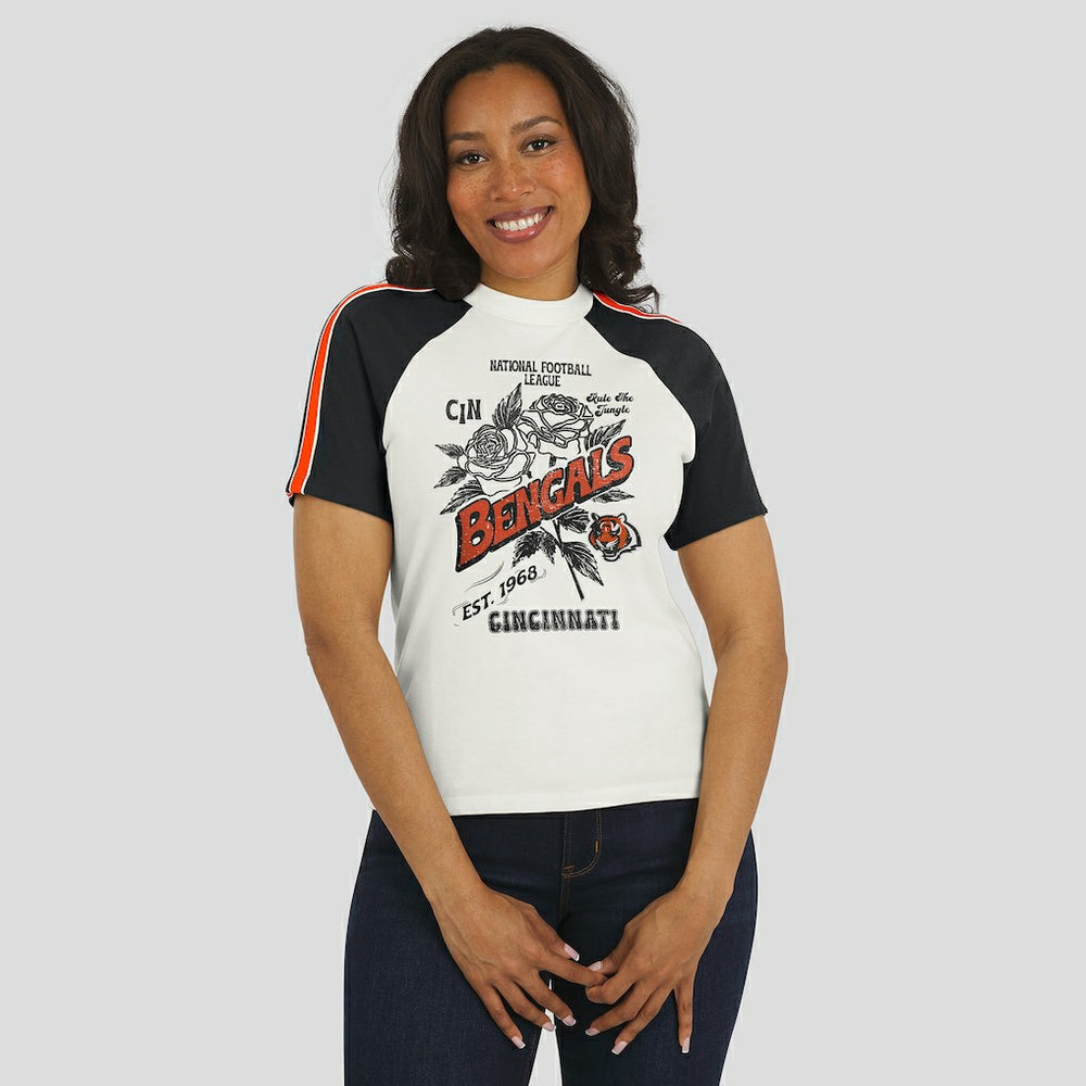 WEAR by Erin Andrews Women's Sleeve Stripe Distressed Raglan T-Shirt - Cincinnati Bengals