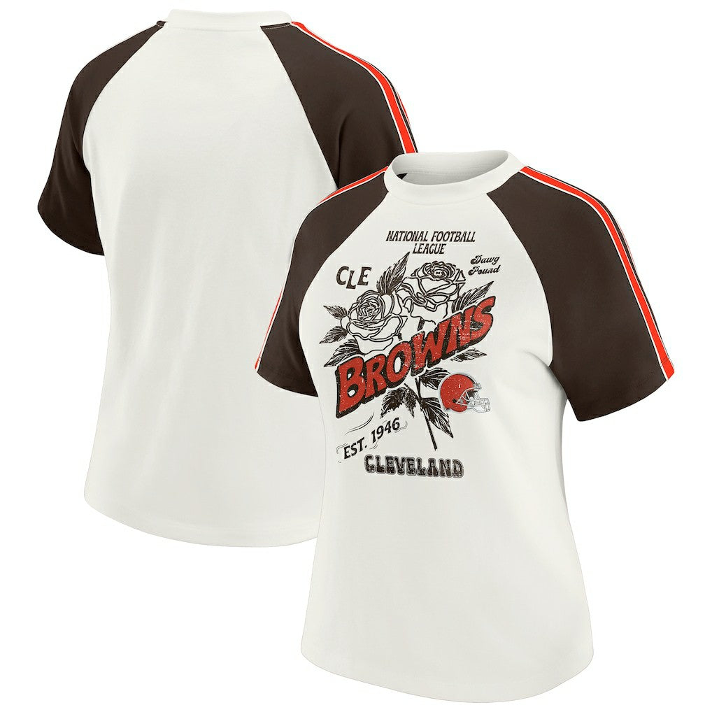 WEAR by Erin Andrews Women's Sleeve Stripe Distressed Raglan T-Shirt - Cleveland Browns