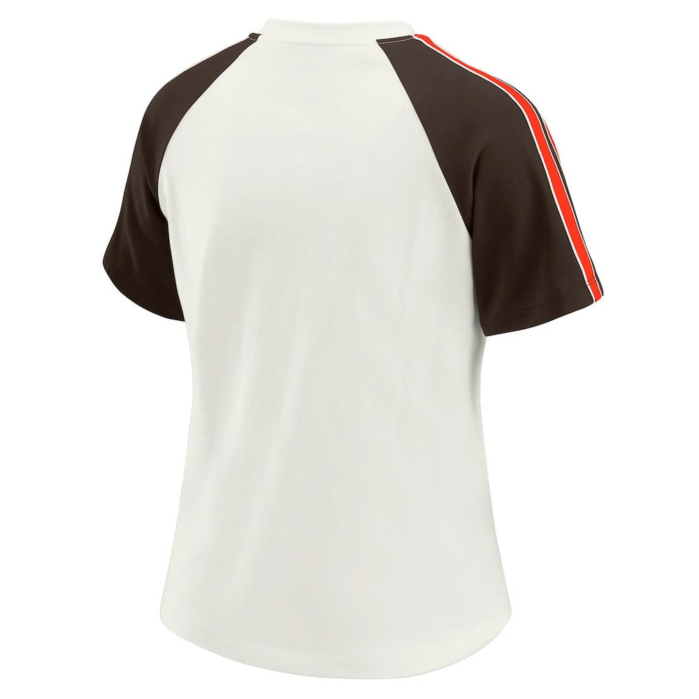 WEAR by Erin Andrews Women's Sleeve Stripe Distressed Raglan T-Shirt - Cleveland Browns