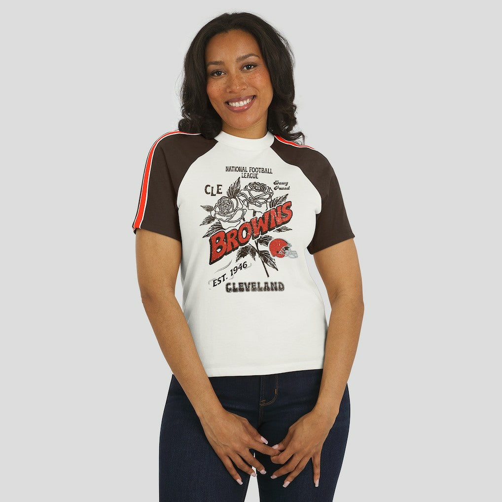 WEAR by Erin Andrews Women's Sleeve Stripe Distressed Raglan T-Shirt - Cleveland Browns
