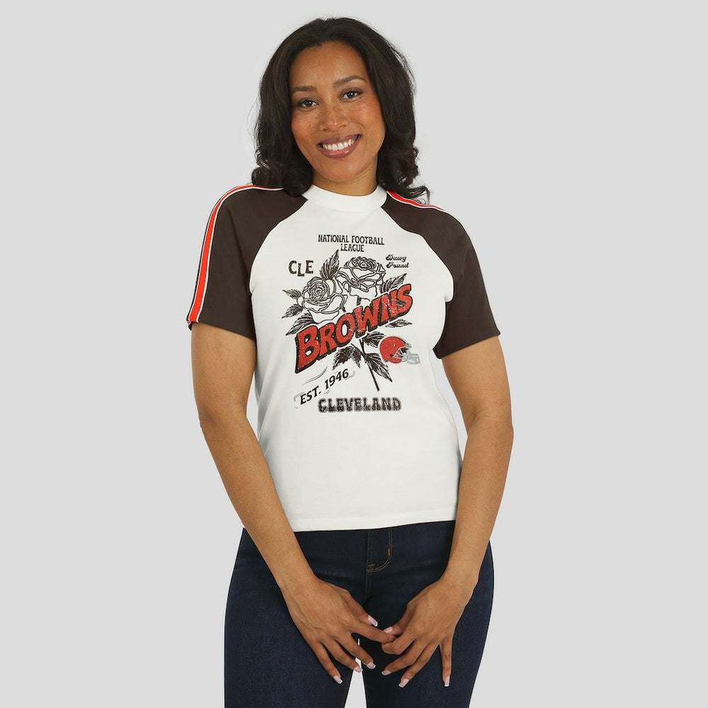 WEAR by Erin Andrews Women's Sleeve Stripe Distressed Raglan T-Shirt - Cleveland Browns