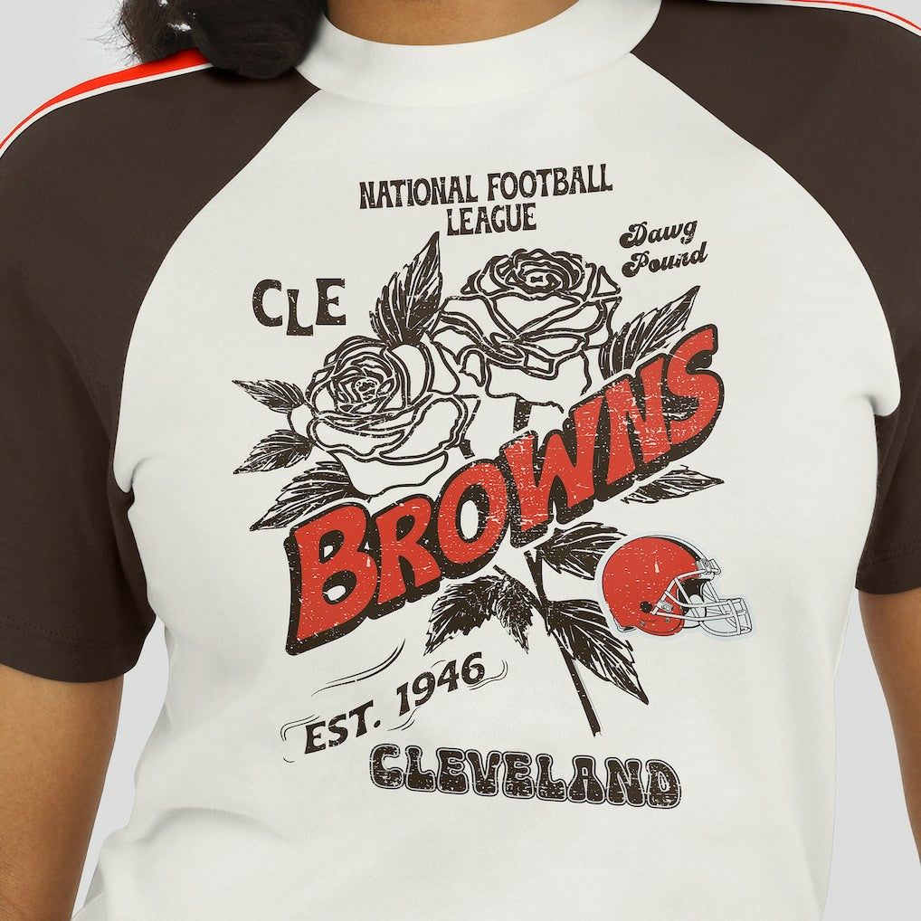 WEAR by Erin Andrews Women's Sleeve Stripe Distressed Raglan T-Shirt - Cleveland Browns