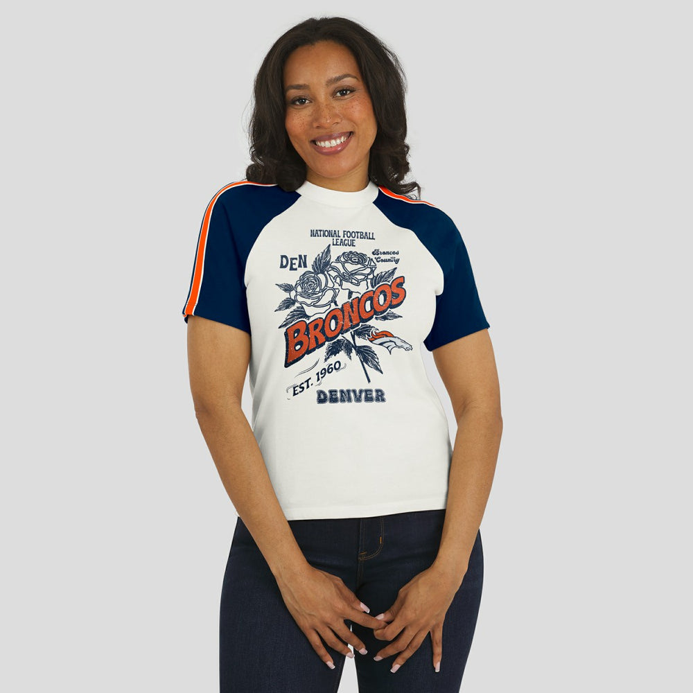 WEAR by Erin Andrews Women's Sleeve Stripe Distressed Raglan T-Shirt - Denver Broncos