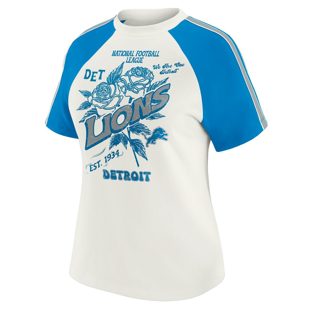 WEAR by Erin Andrews Women's Sleeve Stripe Distressed Raglan T-Shirt - Detroit Lions