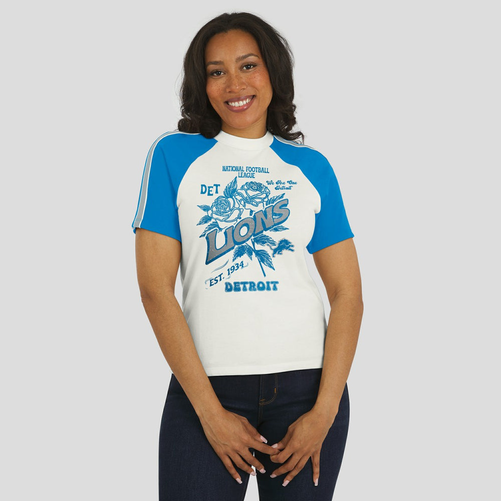 WEAR by Erin Andrews Women's Sleeve Stripe Distressed Raglan T-Shirt - Detroit Lions