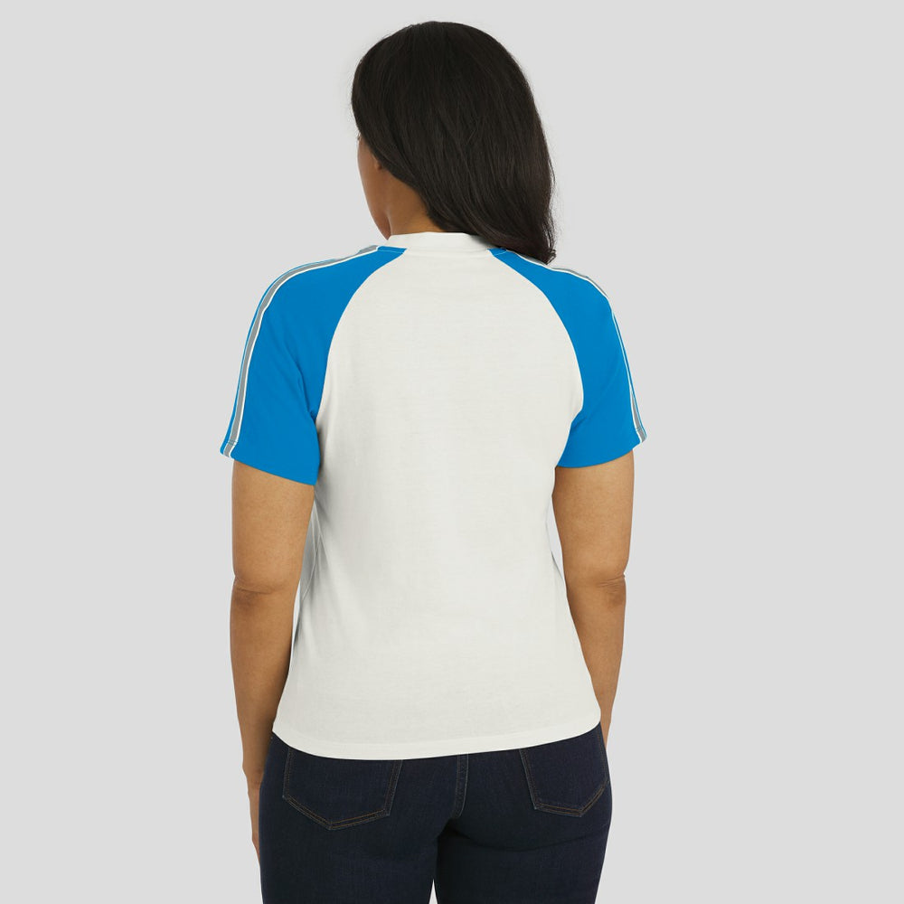 WEAR by Erin Andrews Women's Sleeve Stripe Distressed Raglan T-Shirt - Detroit Lions