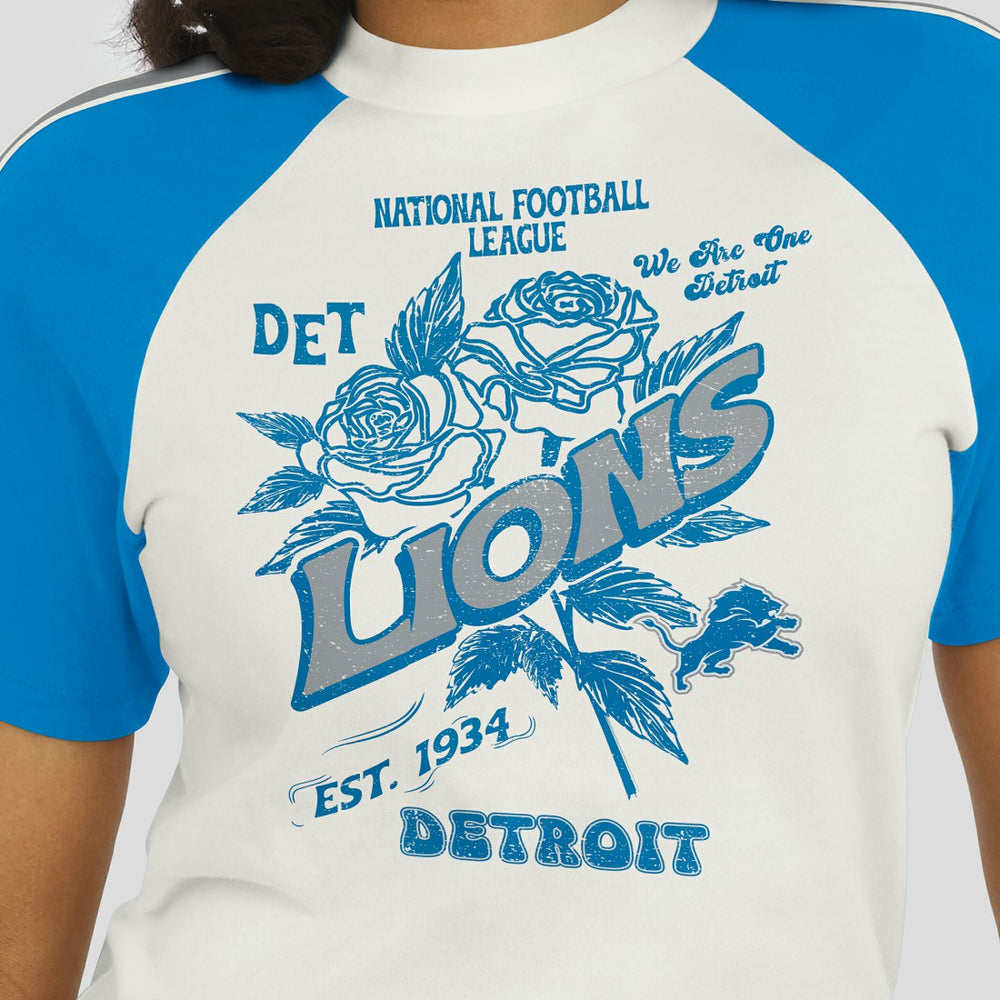 WEAR by Erin Andrews Women's Sleeve Stripe Distressed Raglan T-Shirt - Detroit Lions