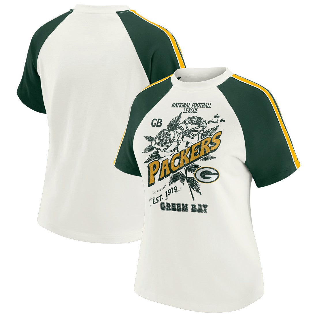 WEAR by Erin Andrews Women's Sleeve Stripe Distressed Raglan T-Shirt - Green Bay Packers