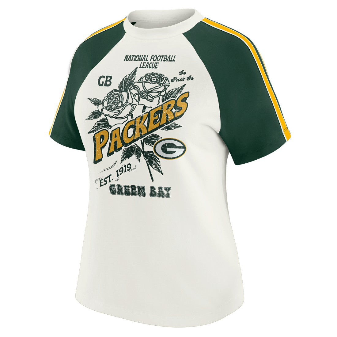 WEAR by Erin Andrews Women's Sleeve Stripe Distressed Raglan T-Shirt - Green Bay Packers