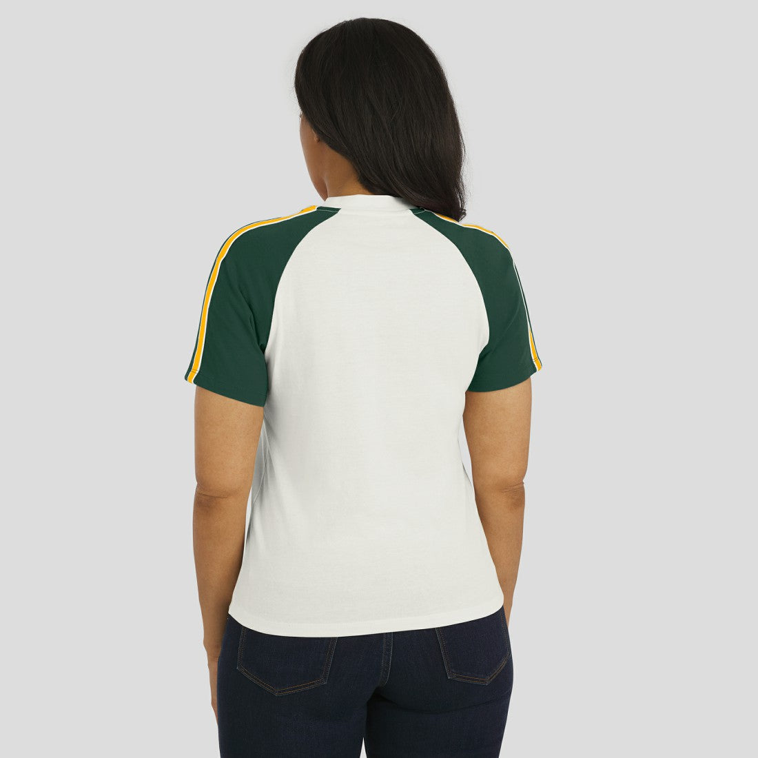 WEAR by Erin Andrews Women's Sleeve Stripe Distressed Raglan T-Shirt - Green Bay Packers