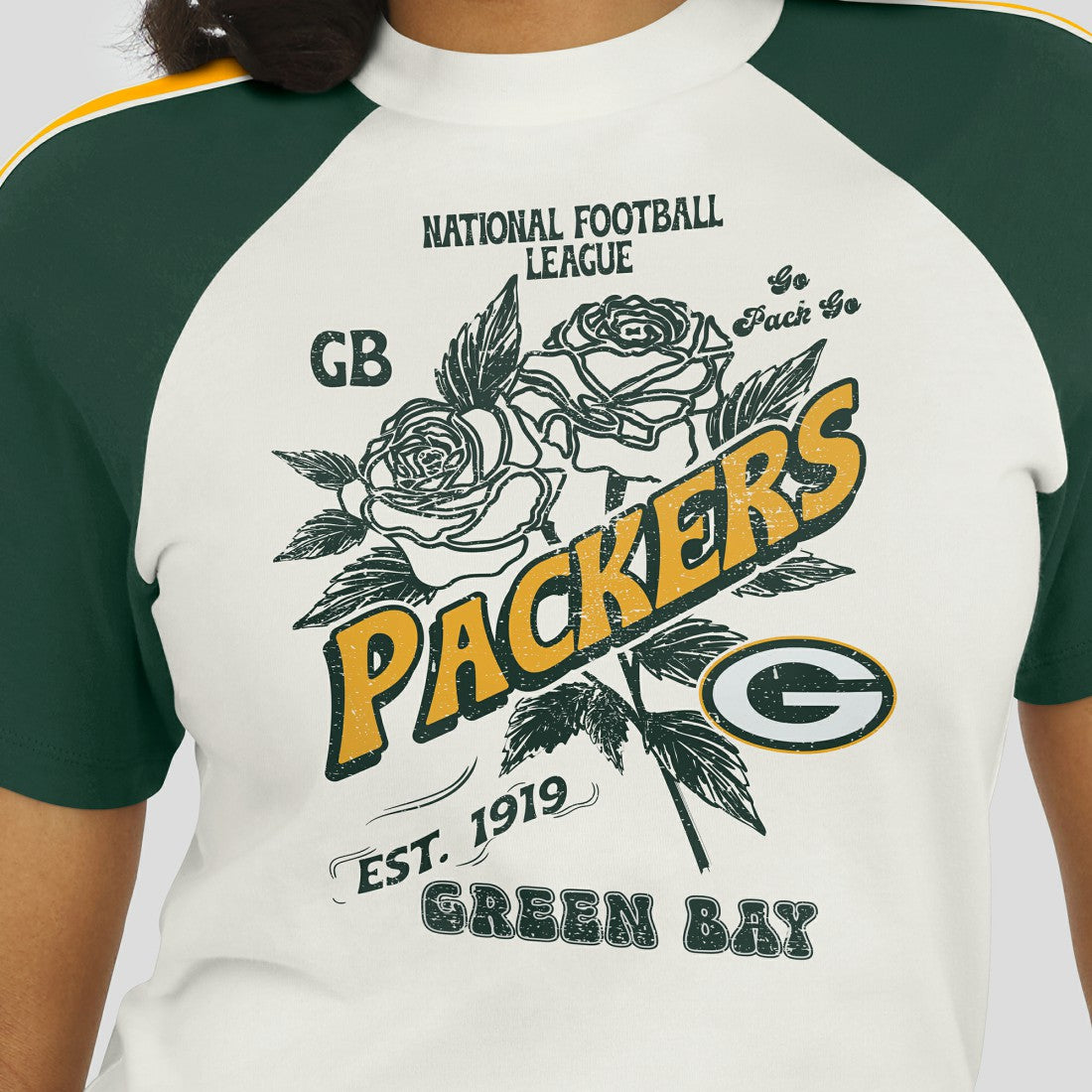 WEAR by Erin Andrews Women's Sleeve Stripe Distressed Raglan T-Shirt - Green Bay Packers