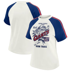 WEAR by Erin Andrews Women's Sleeve Stripe Distressed Raglan T-Shirt - New York Giants