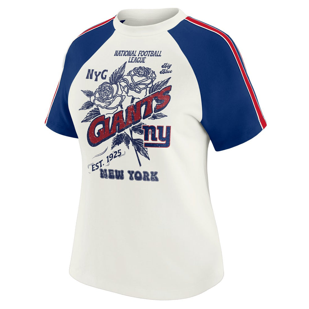 WEAR by Erin Andrews Women's Sleeve Stripe Distressed Raglan T-Shirt - New York Giants