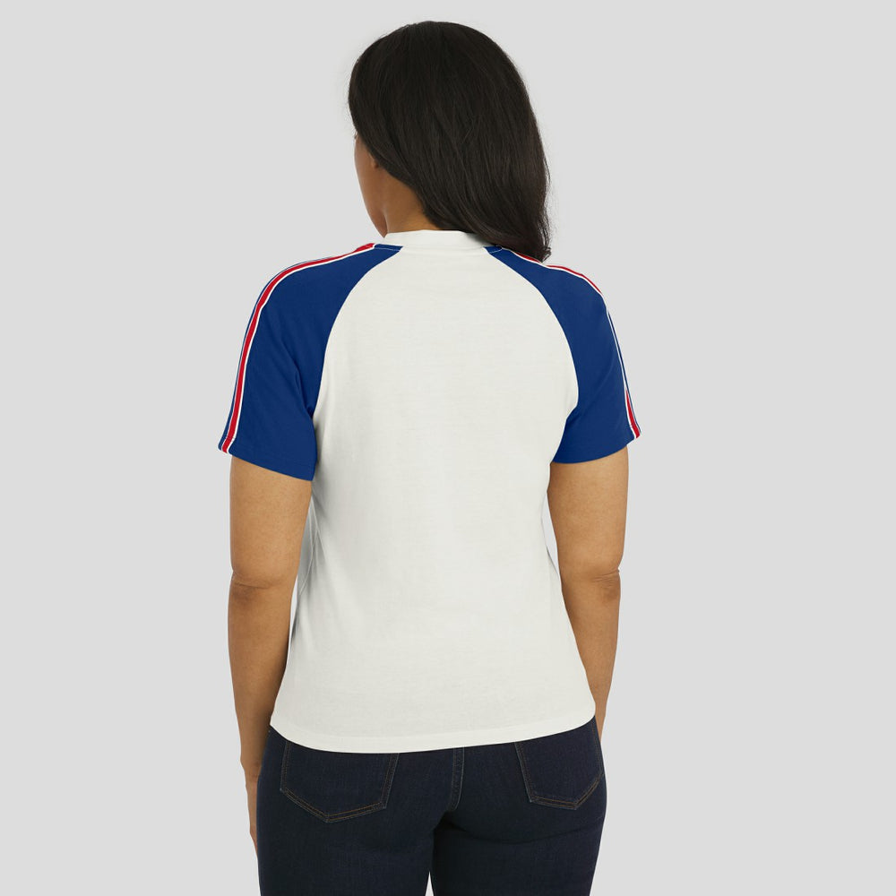 WEAR by Erin Andrews Women's Sleeve Stripe Distressed Raglan T-Shirt - New York Giants
