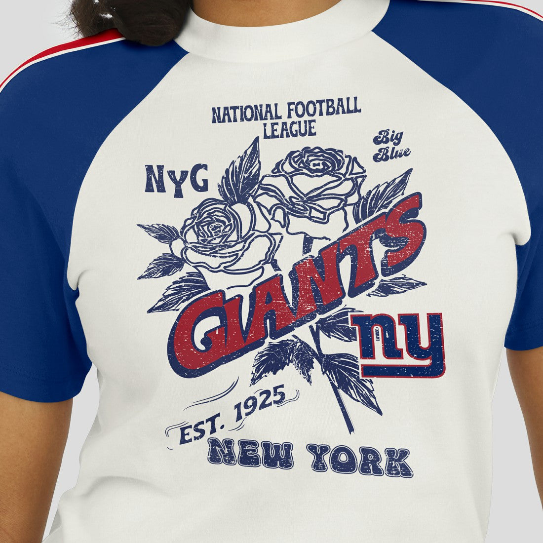 WEAR by Erin Andrews Women's Sleeve Stripe Distressed Raglan T-Shirt - New York Giants