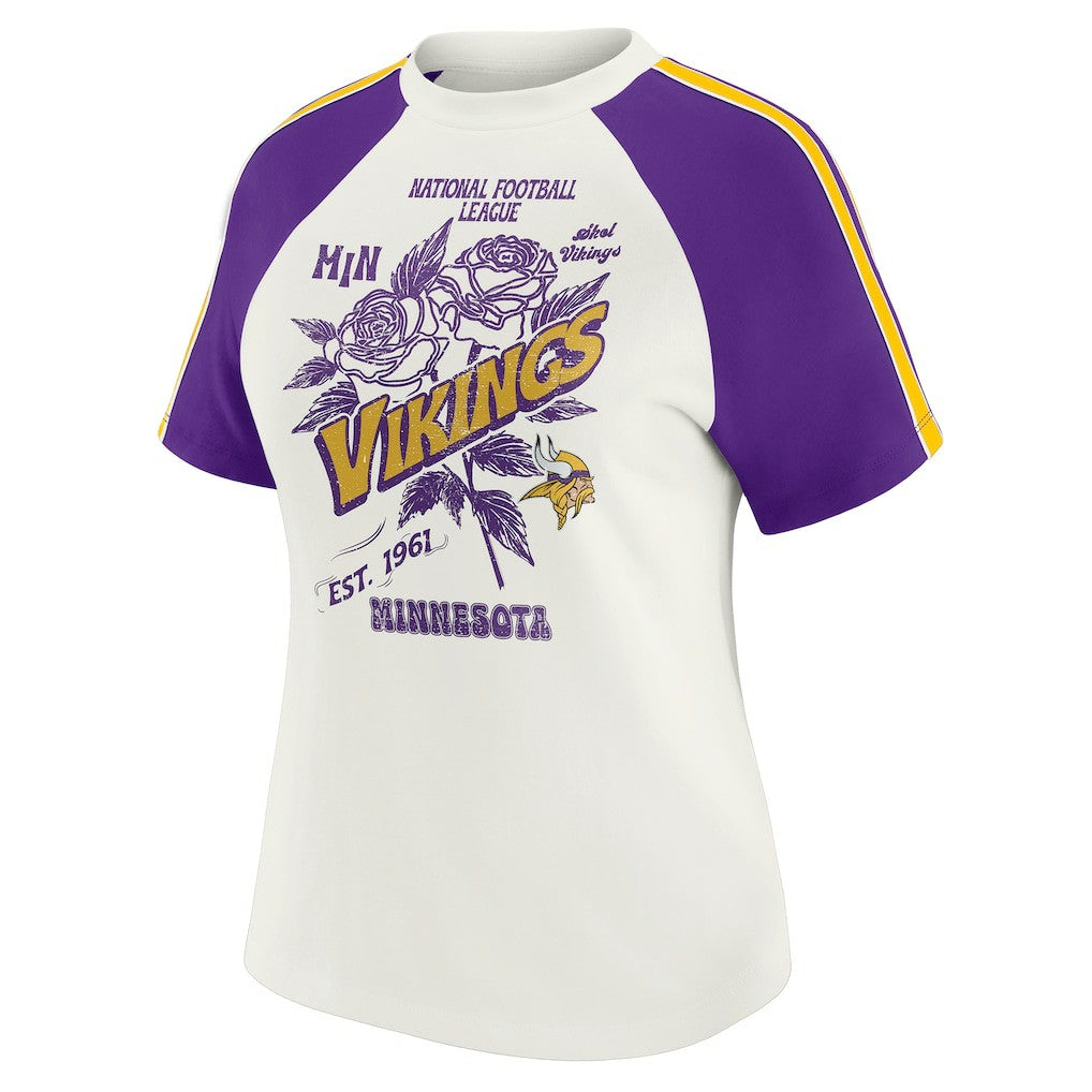 WEAR by Erin Andrews Women's Sleeve Stripe Distressed Raglan T-Shirt - Minnesota Vikings