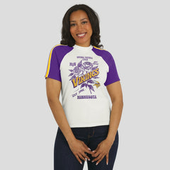 WEAR by Erin Andrews Women's Sleeve Stripe Distressed Raglan T-Shirt - Minnesota Vikings