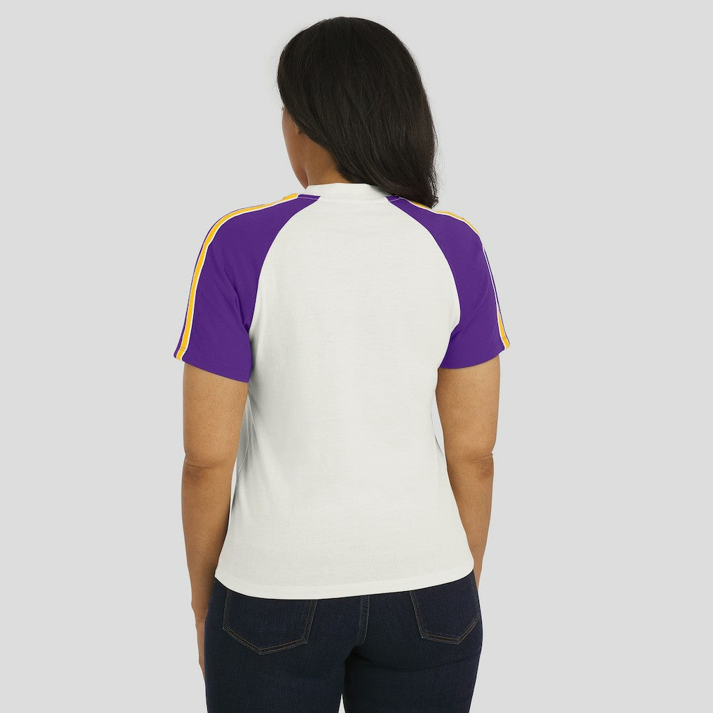 WEAR by Erin Andrews Women's Sleeve Stripe Distressed Raglan T-Shirt - Minnesota Vikings