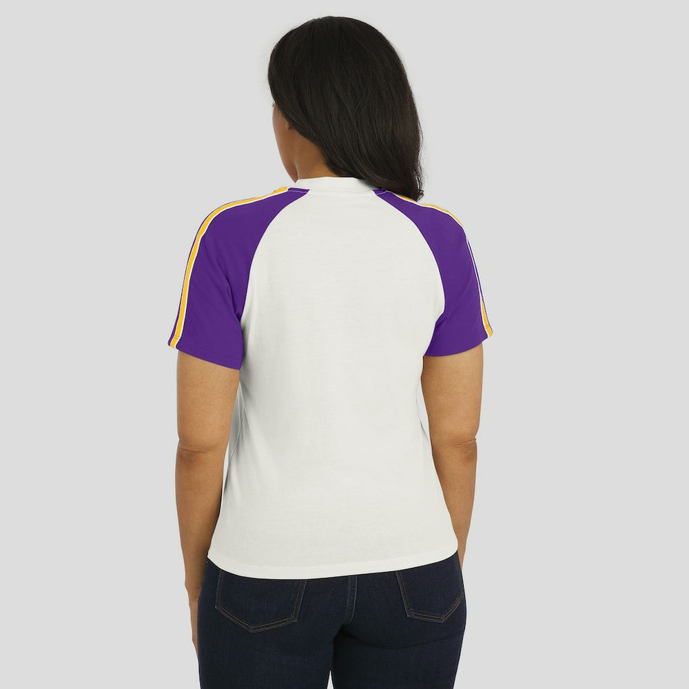 WEAR by Erin Andrews Women's Sleeve Stripe Distressed Raglan T-Shirt - Minnesota Vikings