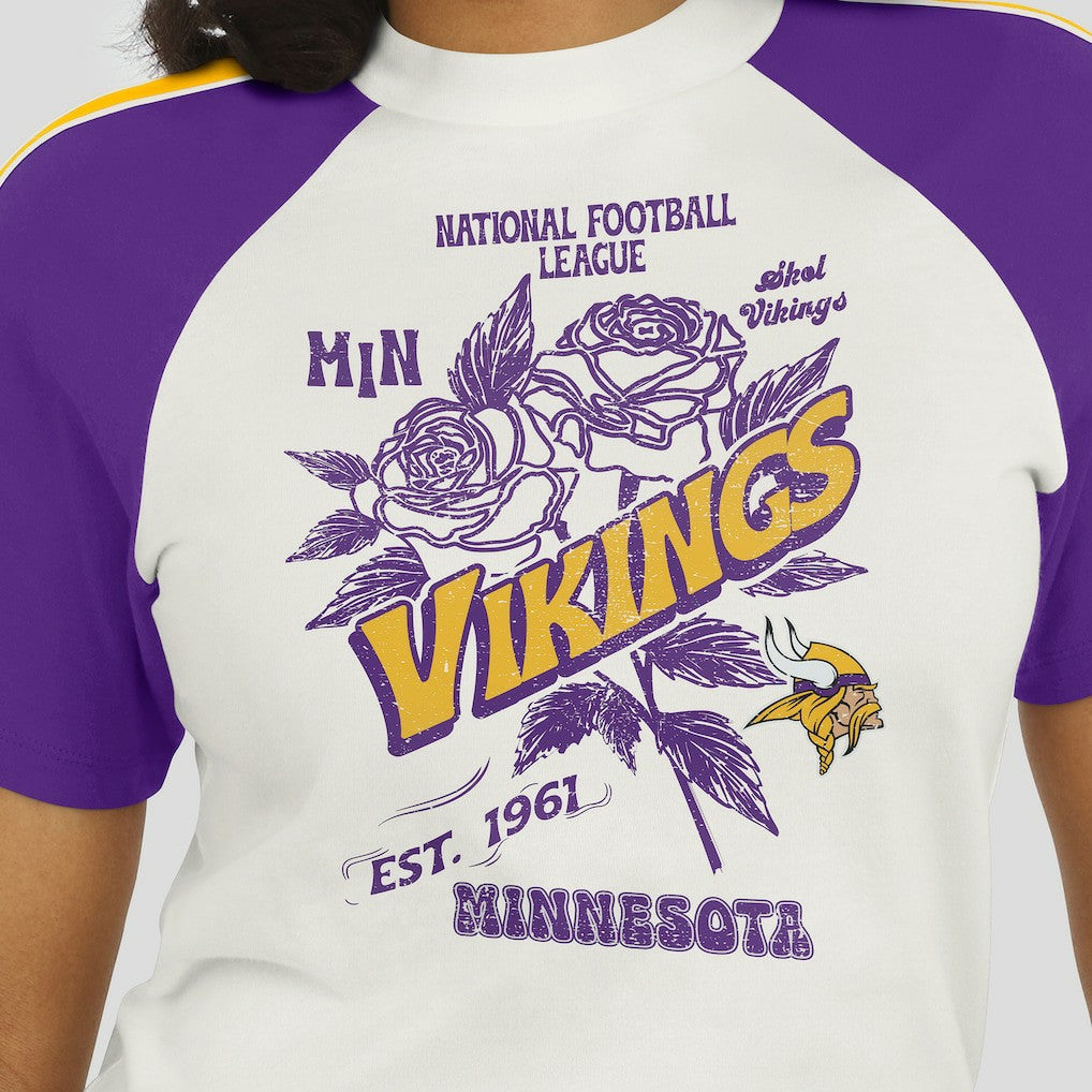 WEAR by Erin Andrews Women's Sleeve Stripe Distressed Raglan T-Shirt - Minnesota Vikings