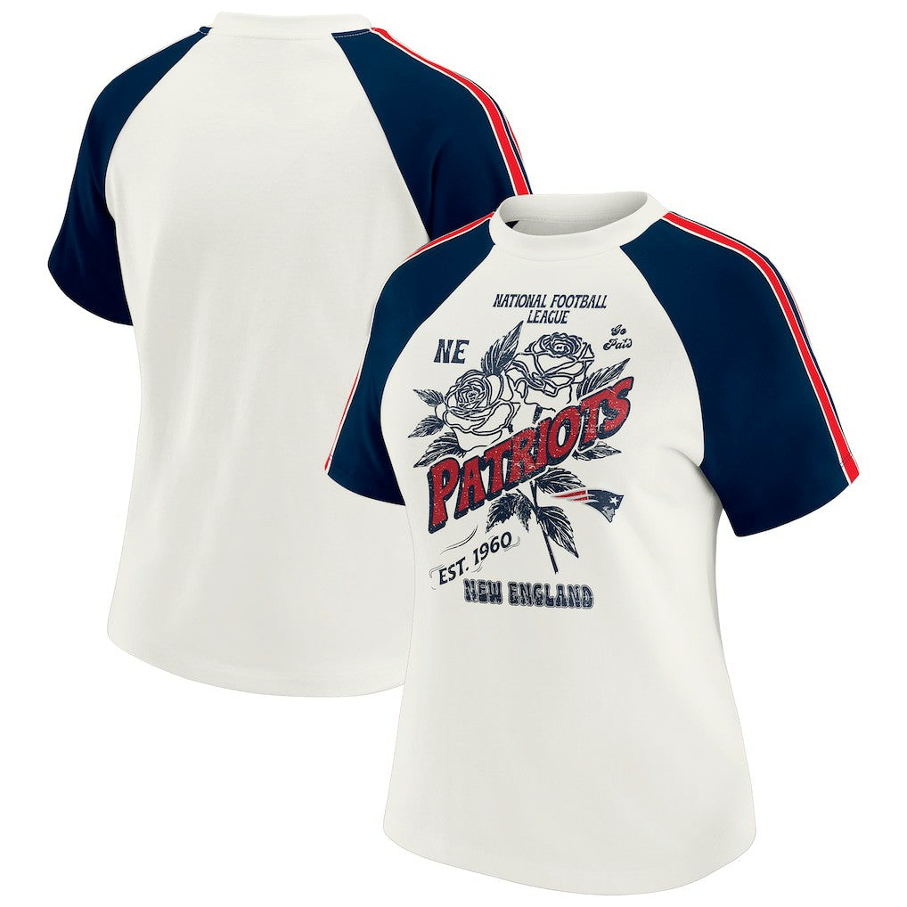 WEAR by Erin Andrews Women's Sleeve Stripe Distressed Raglan T-Shirt - New England Patriots